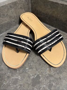 ALDO Black and Silver Striped Slide Sandals